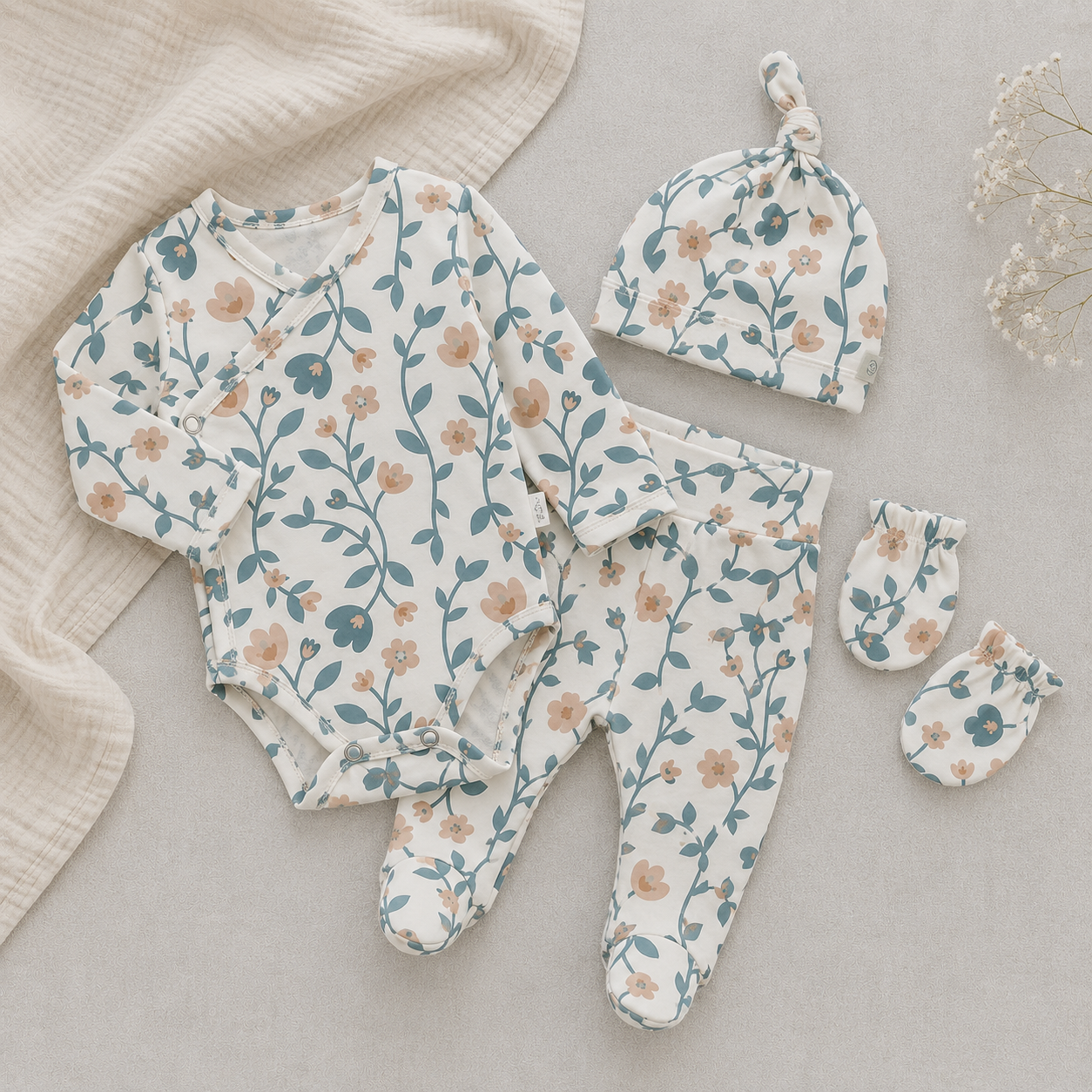 Mini Enxoval Completo 5 peças - Cotton Adapt | Floral Vintage Tons de Azul