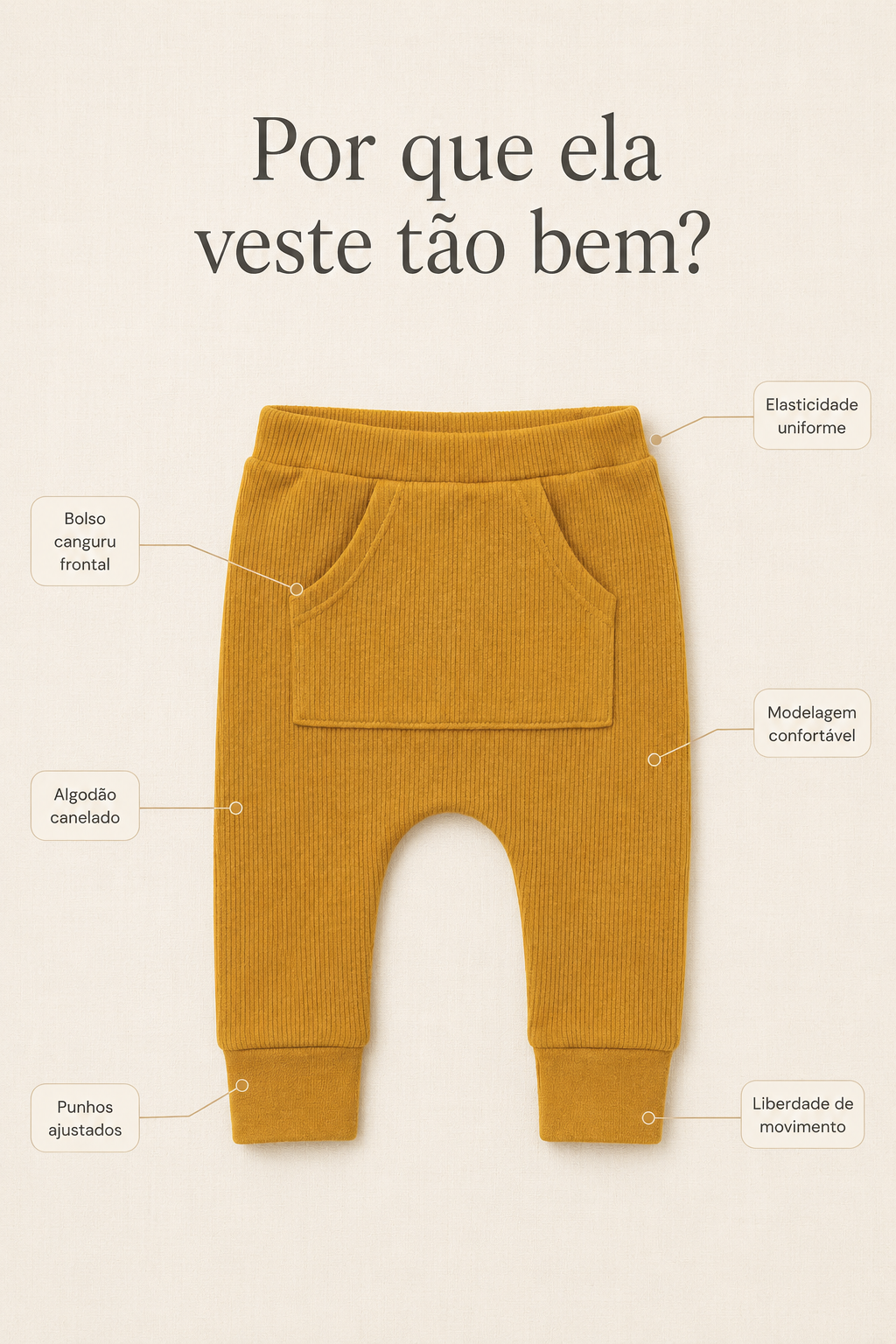 Calça Bolsão Canguru - Algodão Canelado | Mostarda