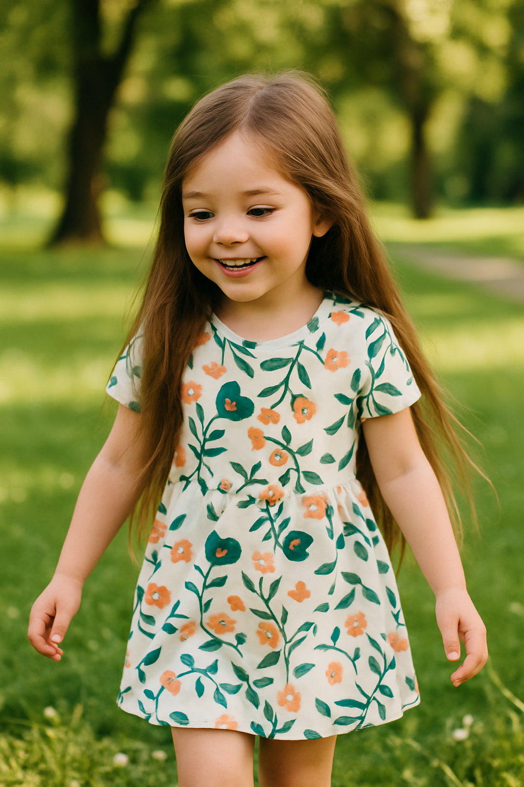 Body Vestido Menina - Algodão Premium Estampa Exclusiva - Floral Vintage Tons de Verde