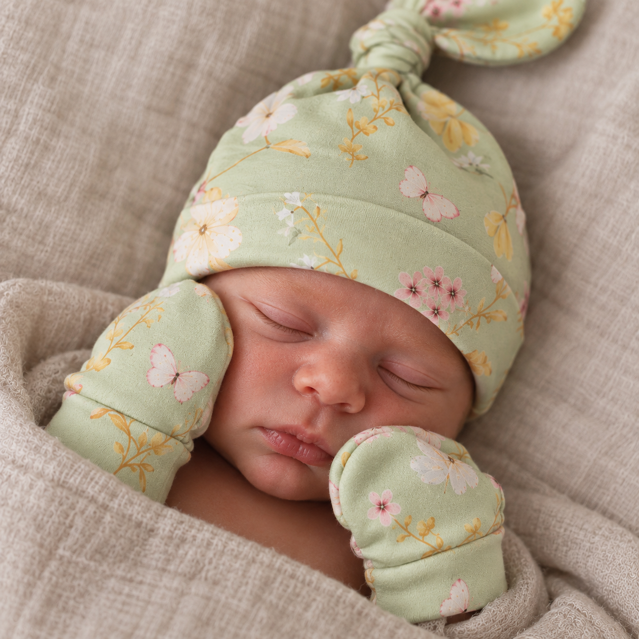 Kit Touca e Luvinha Recém-Nascido – Cotton Adapt | Jardim de Primavera