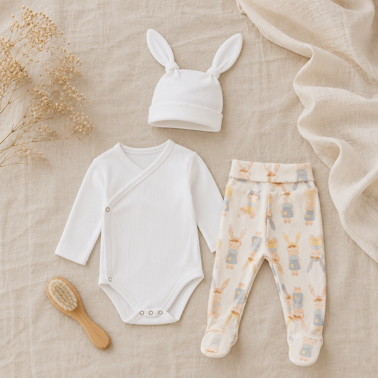 Kit: Body Kimono + Calça e Touca Orelhinha – Recém-Nascido à 3 Meses | 100% algodão - Branco Puro e Angela Doll