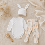 Kit: Body Kimono + Calça e Touca Orelhinha – Recém-Nascido à 3 Meses | 100% algodão - Branco Puro e Angela Doll