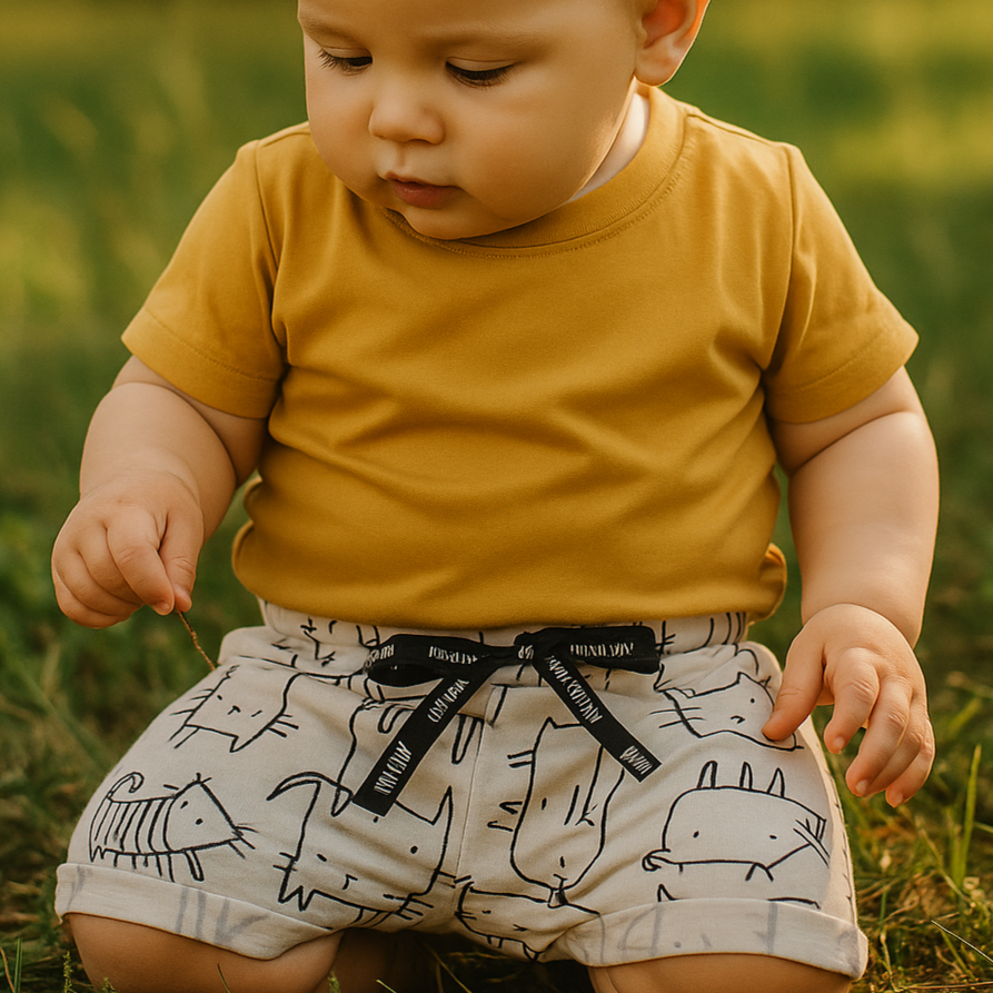 Bermuda Bebê e Infantil Menino – Malha Algodão Estampada | Gatinhos Minimalistas