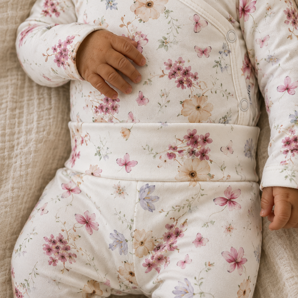 Kit Body Kimono + Calça com Pezinho Recém-Nascido a 3 Meses - Cotton Adapt | Flores do Campo