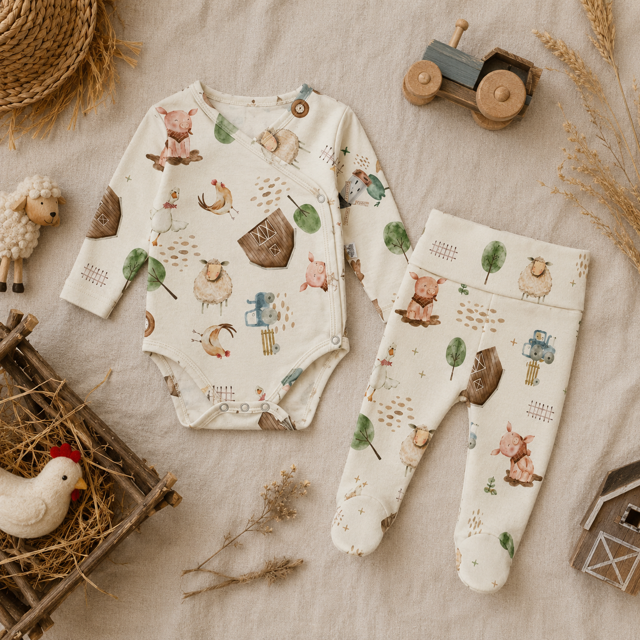 Kit Body Kimono + Calça com Pezinho Recém-Nascido a 3 Meses - Cotton Adapt | Fazendinha
