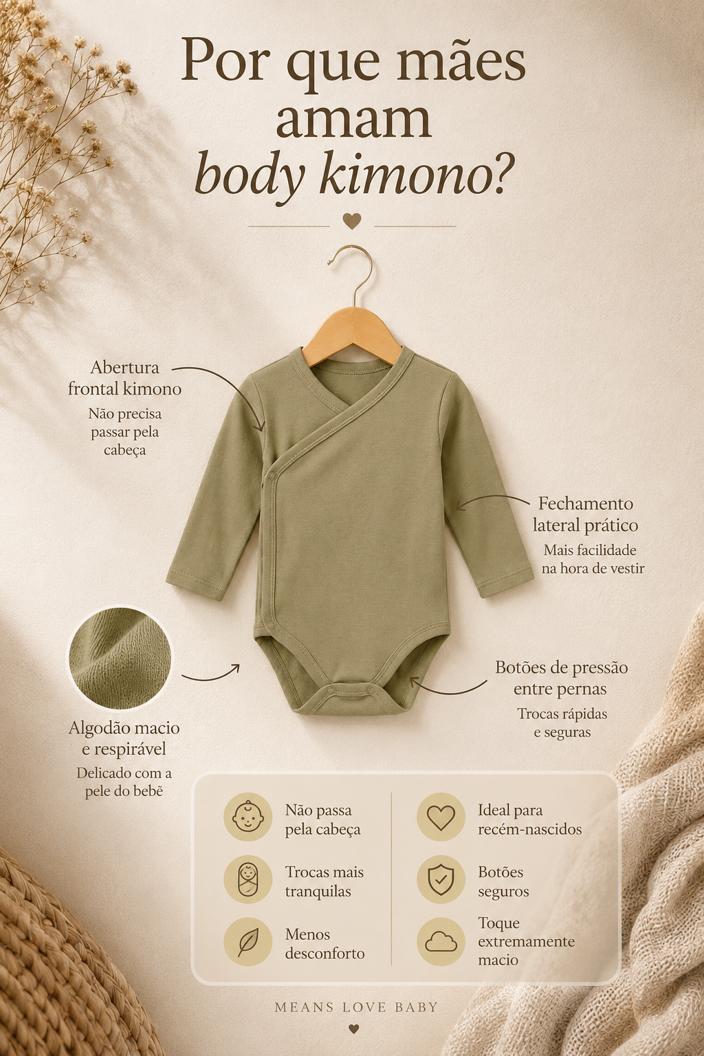 Body Kimono Bebê Recém-Nascido à 3 Meses - Algodão Orgânico | Verde Oliva