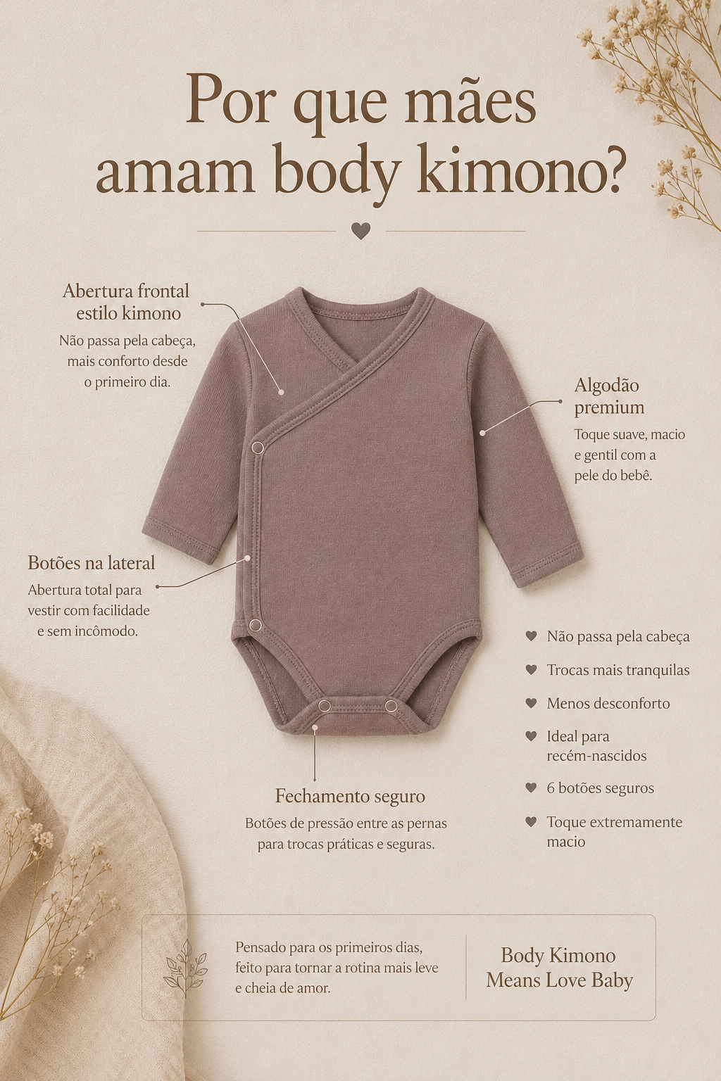 Body Kimono Recém-Nascido à 3 Meses - Algodão Premium | Havana