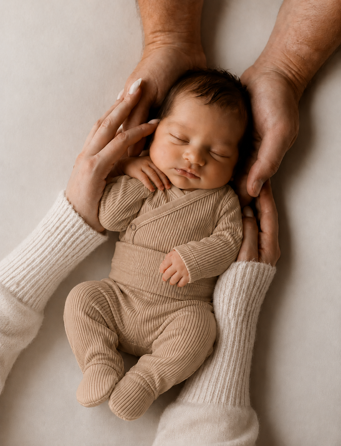 Kit Body Kimono + Calça com Pezinho – Recém-Nascido à 3 Meses | Algodão Canelado - Areia