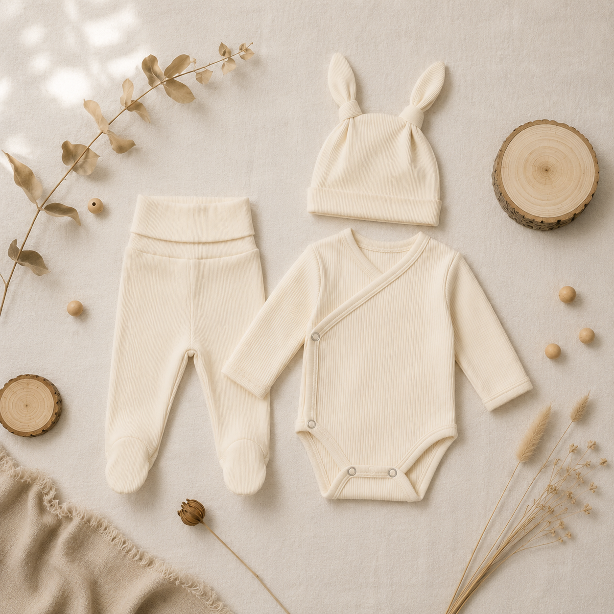 Kit Body Kimono + Calça com Pezinho – Recém-Nascido à 3 Meses | Algodão Canelado - Off White