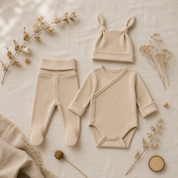 Kit Body Kimono + Calça com Pezinho – Recém-Nascido à 3 Meses | Algodão Canelado - Areia