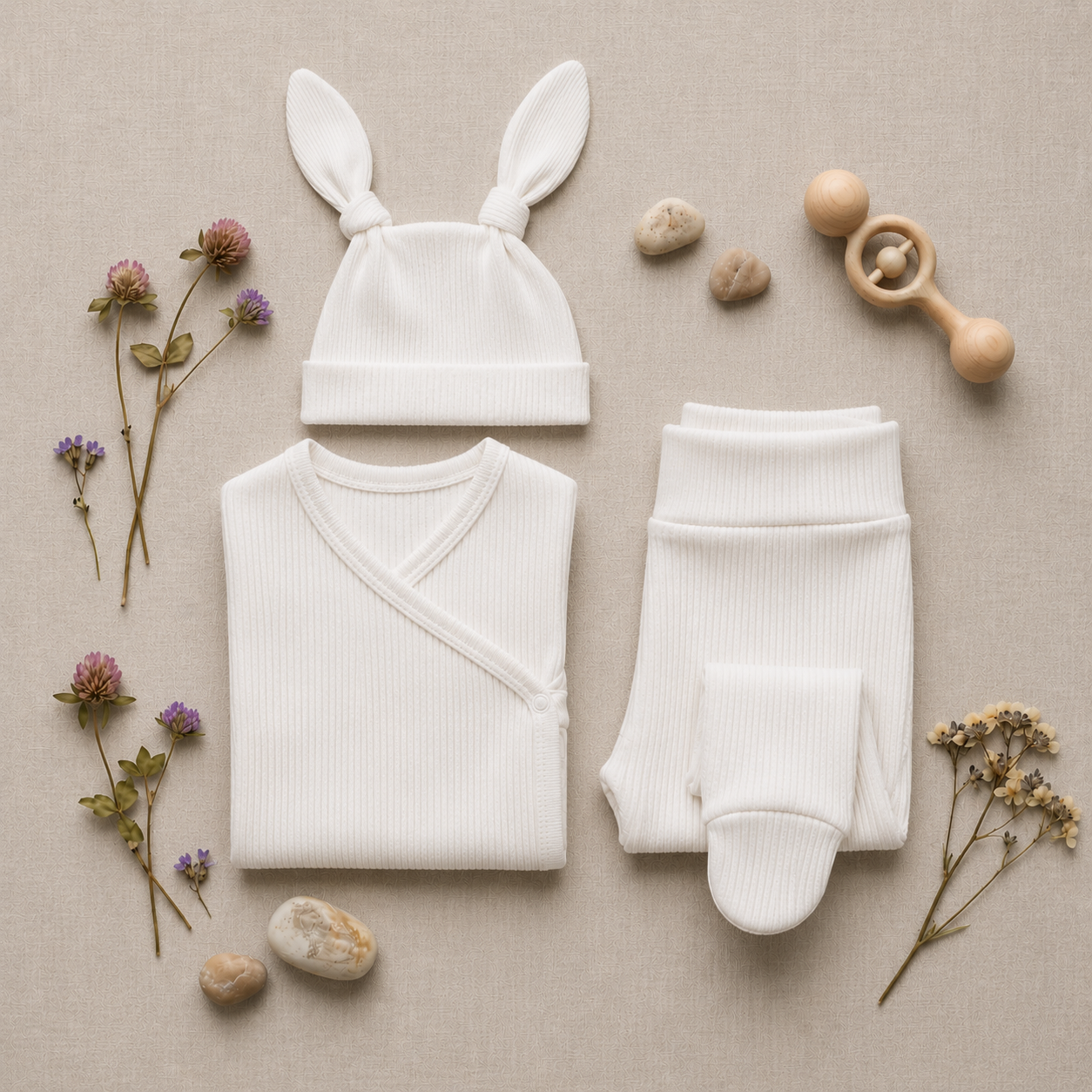 Kit Body Kimono + Calça com Pezinho – Recém-Nascido à 3 Meses | Algodão Canelado - Branco Puro