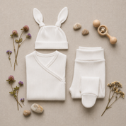 Kit Body Kimono + Calça com Pezinho – Recém-Nascido à 3 Meses | Algodão Canelado - Branco Puro