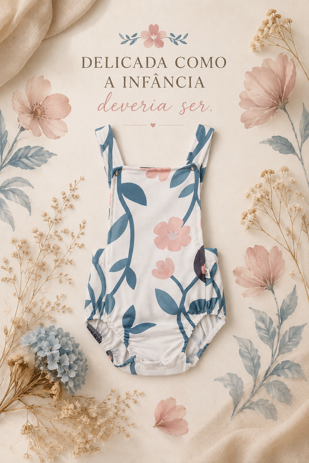 Jardineira Romper - Poliéster + Elastano Estampado | Floral Vintage Grande