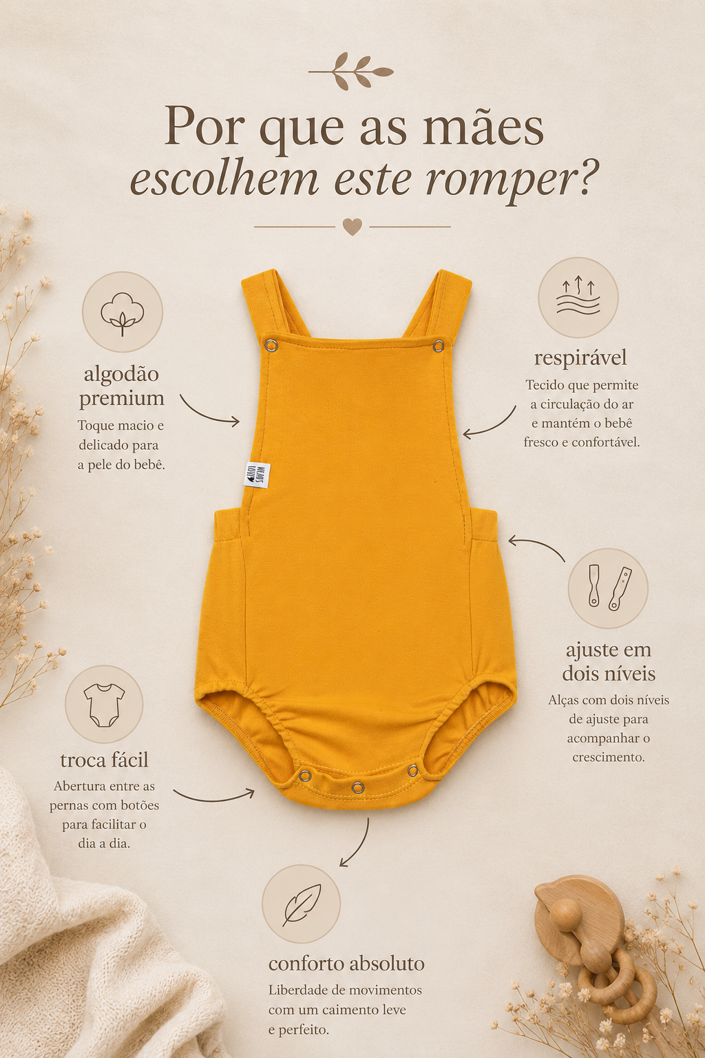 Jardineira Romper - Algodão Premium | Amarelo