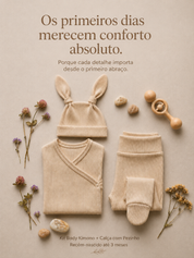 Kit Body Kimono + Calça com Pezinho – Recém-Nascido à 3 Meses | Algodão Canelado - Areia