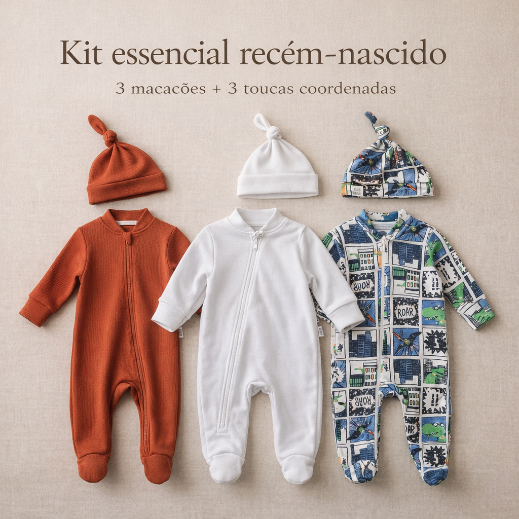Kit Essencial Recém-Nascido | 3 Macacões com Pezinho + Toucas Coordenadas