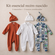 Kit Essencial Recém-Nascido | 3 Macacões com Pezinho + Toucas Coordenadas