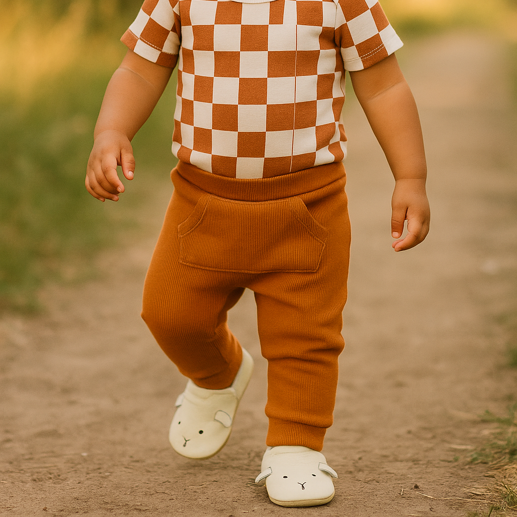 Calça Bebê e Infantil Bolsão Canguru Unissex – Algodão Canelado Premium Liso | Caramelo