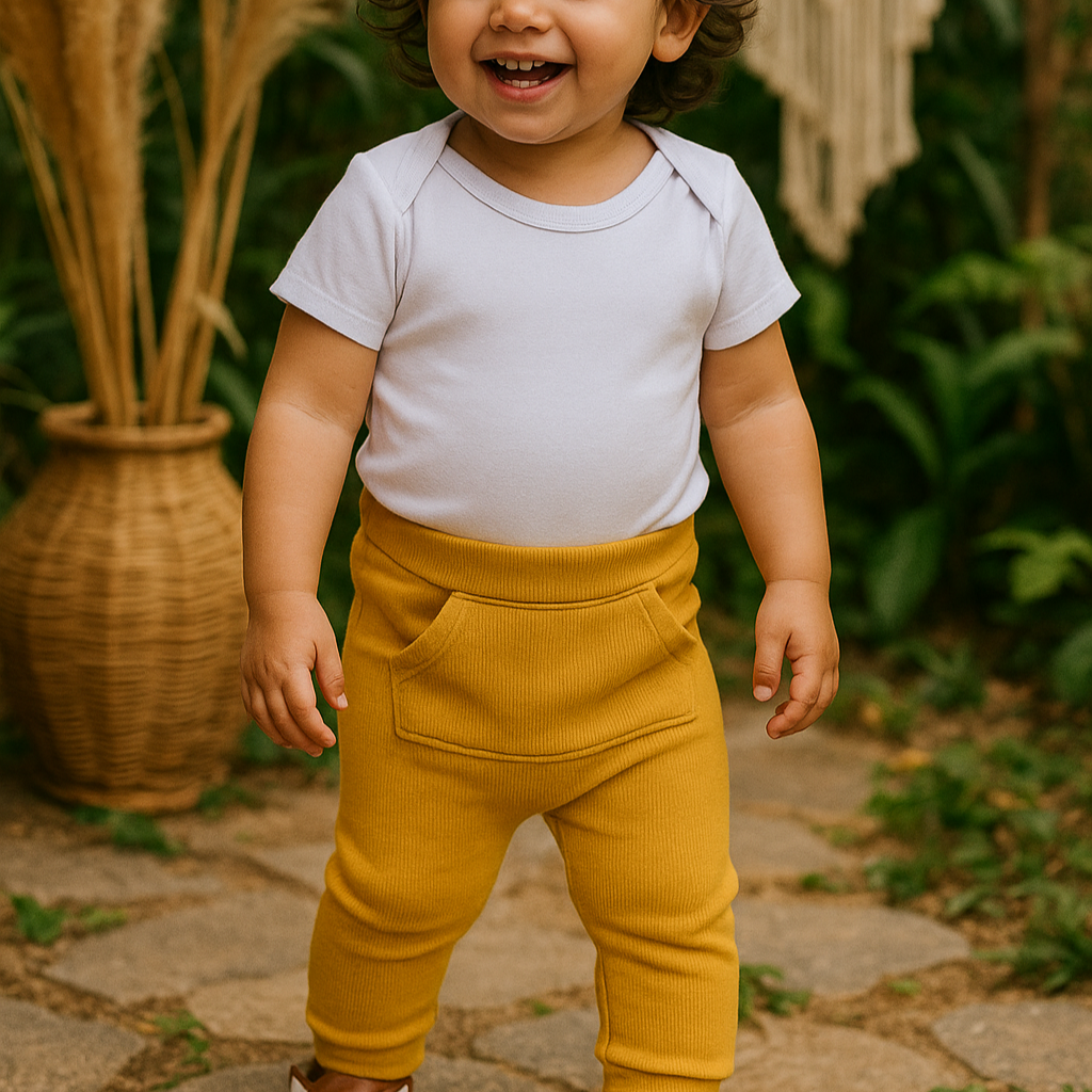 Calça Bebê e Infantil Bolsão Canguru Unissex – Canelado Premium Liso | Mostarda