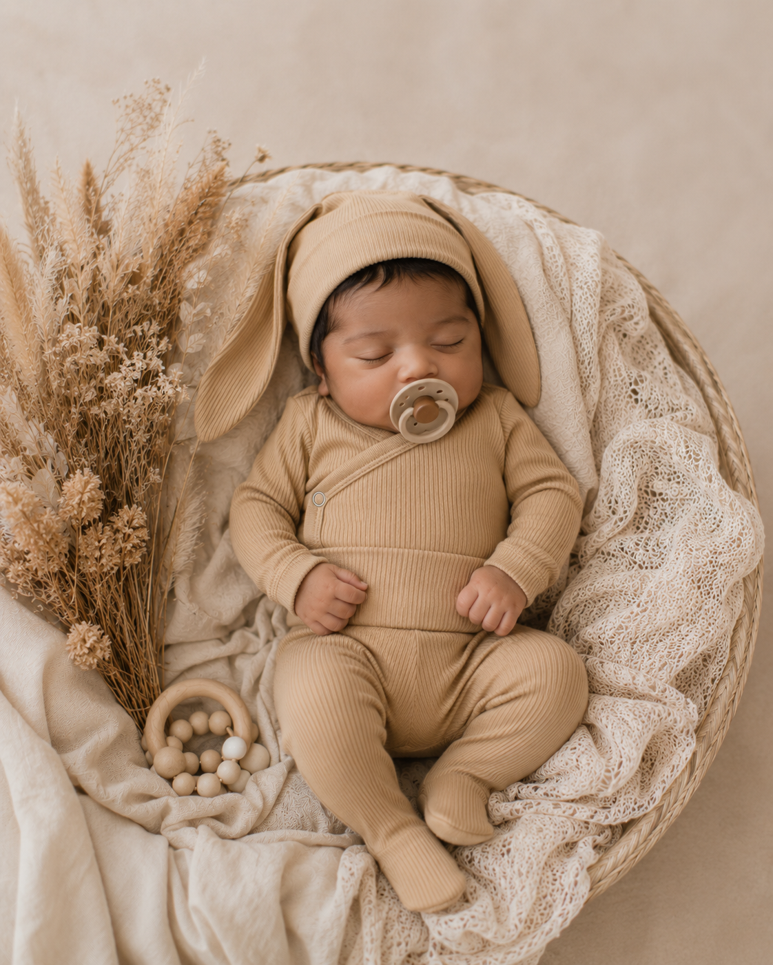 Kit Body Kimono + Calça com Pezinho – Recém-Nascido à 3 Meses | Algodão Canelado - Areia