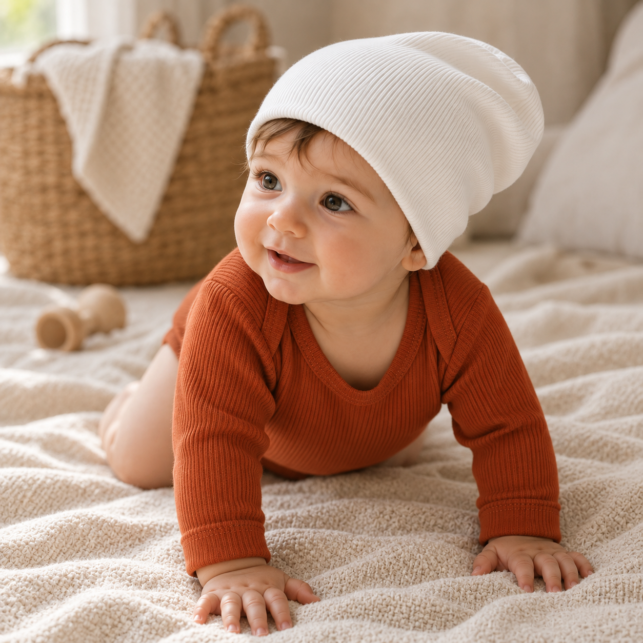 Touca Beanie Dobrável - Algodão Canelado | Branco Puro