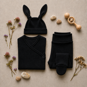 Kit Body Kimono + Calça com Pezinho – Recém-Nascido à 3 Meses | Algodão Canelado - Preto