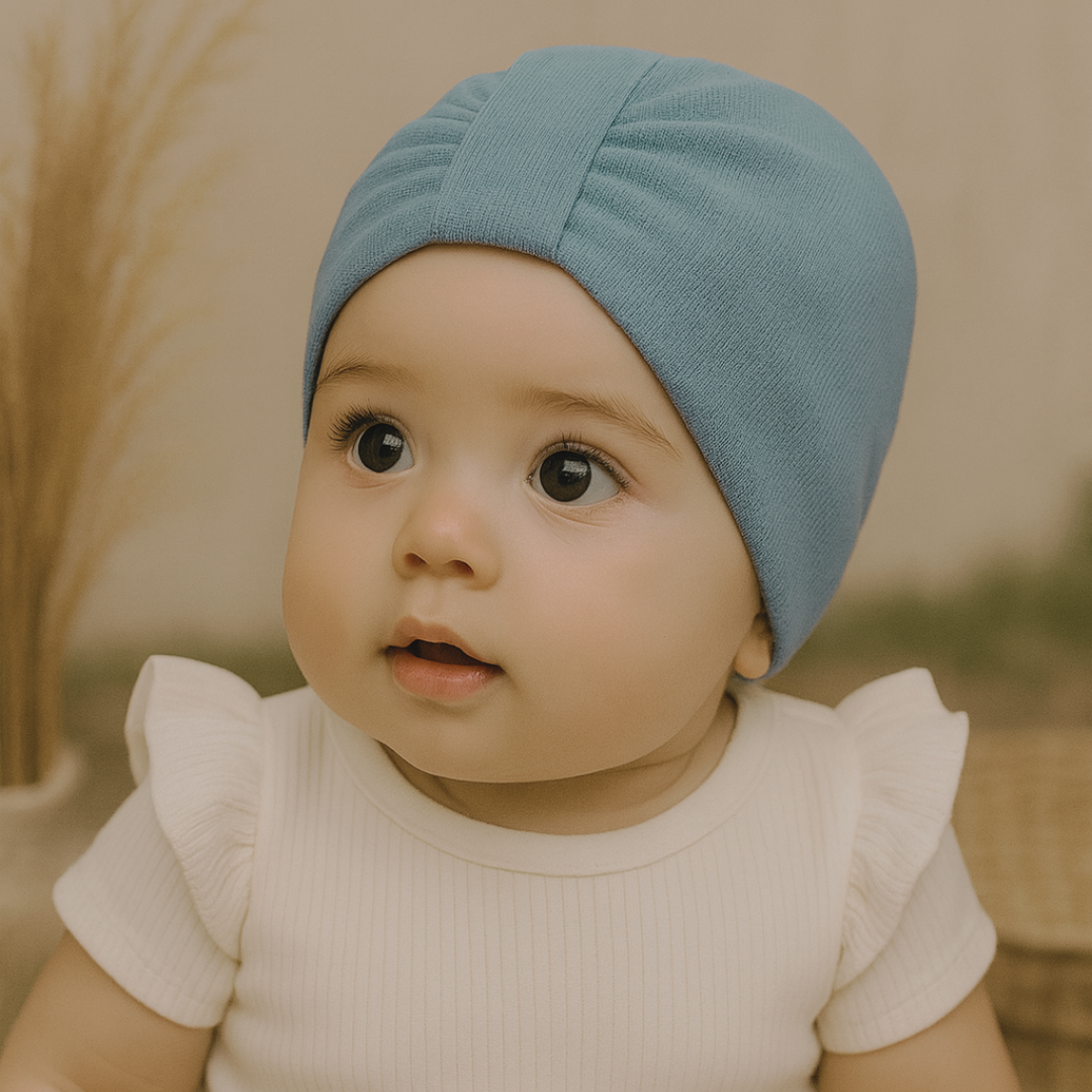 Turbante Com Laço Bebê Menina - Algodão Stretch Liso | Azul Acinzentado