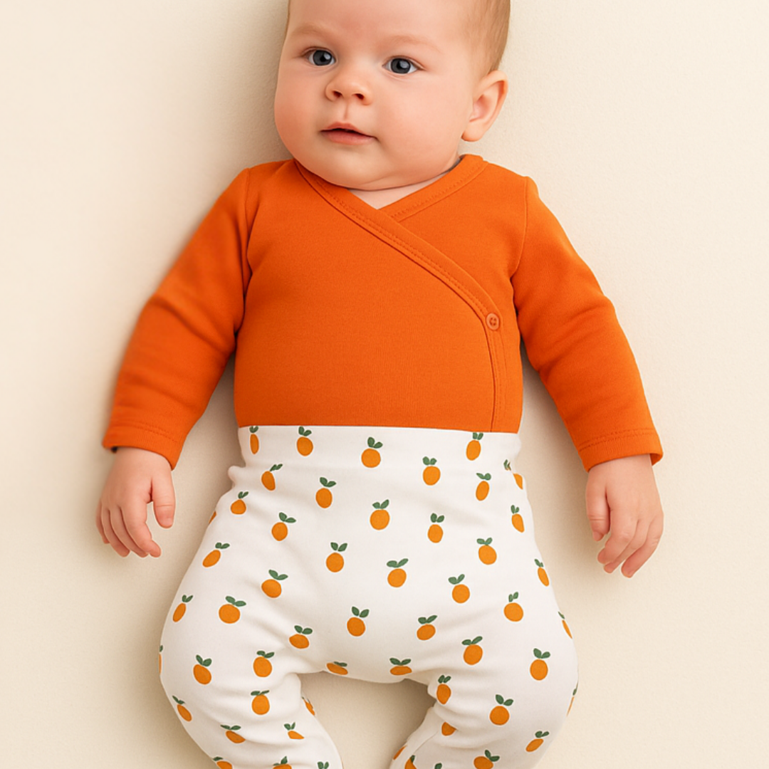 Kit Calça de Pezinho + Body Kimono Recém-Nascido à 3 meses Laranja - Calça com Pezinho Laranjinhas