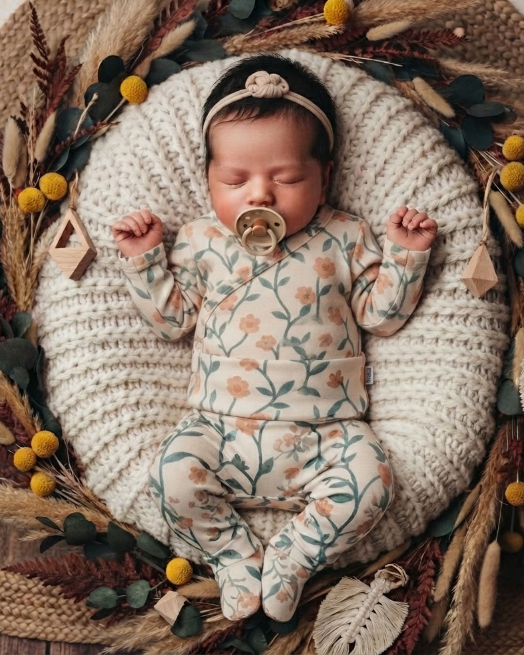Kit: Body Kimono + Calça de Pezinho - Recém-Nascido à 3 Meses - Cotton Adapt | Floral Vintage Tons de Azul