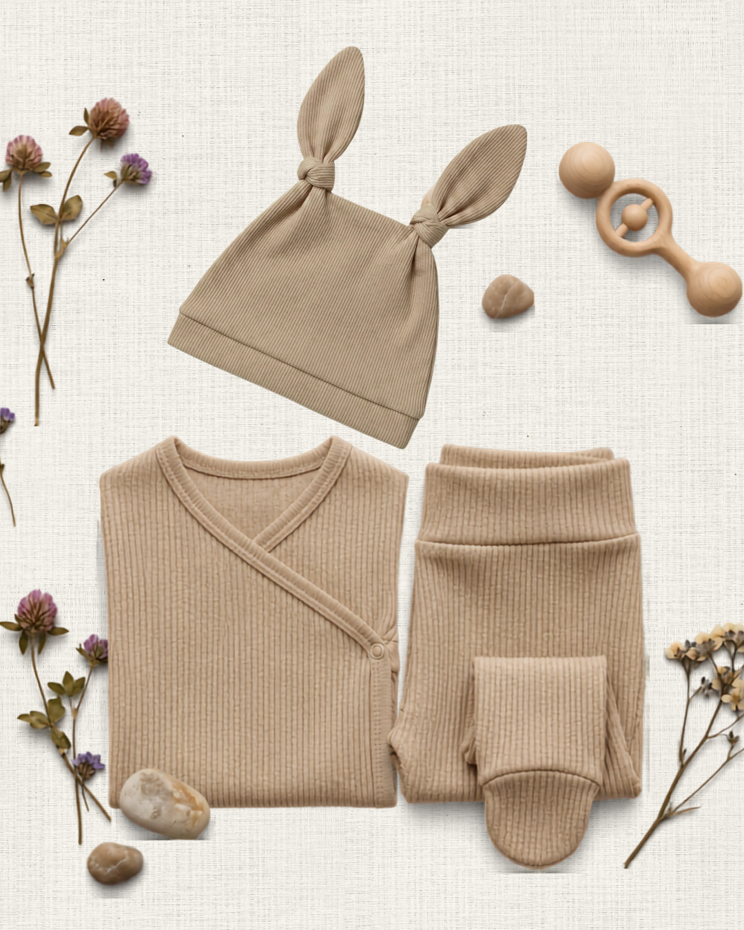 Kit Body Kimono + Calça com Pezinho – Recém-Nascido à 3 Meses | Algodão Canelado - Areia