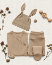 Kit Body Kimono + Calça com Pezinho – Recém-Nascido à 3 Meses | Algodão Canelado - Areia