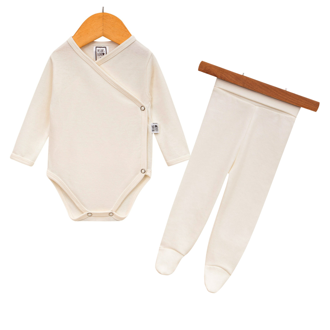 Kit Calça de Pezinho + Body Kimono  Recém-Nascido - Branco Canelado