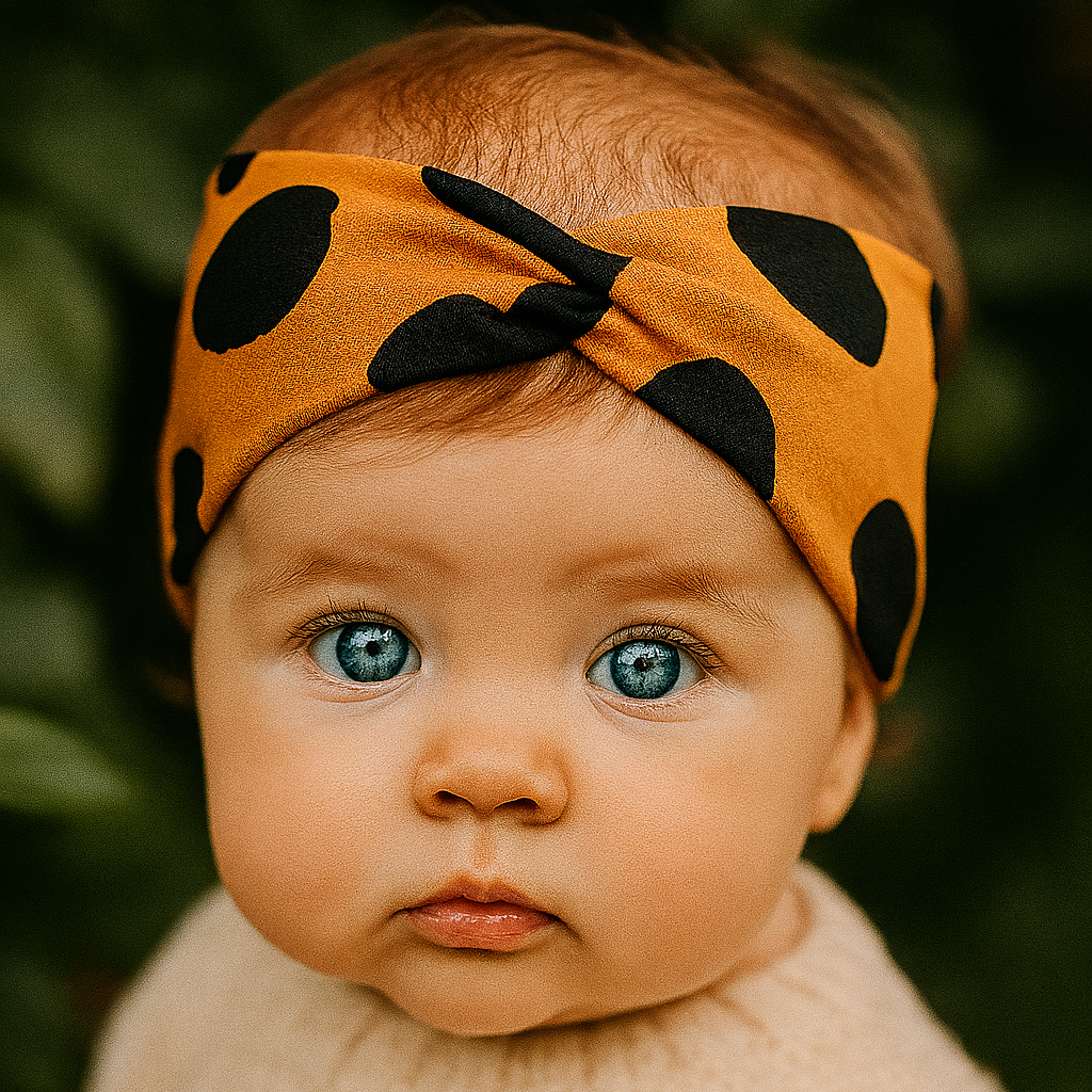 Faixinha de Cabelo Bebê Menina - Algodão Estampado| Bolotas Pretas Fundo Laranja