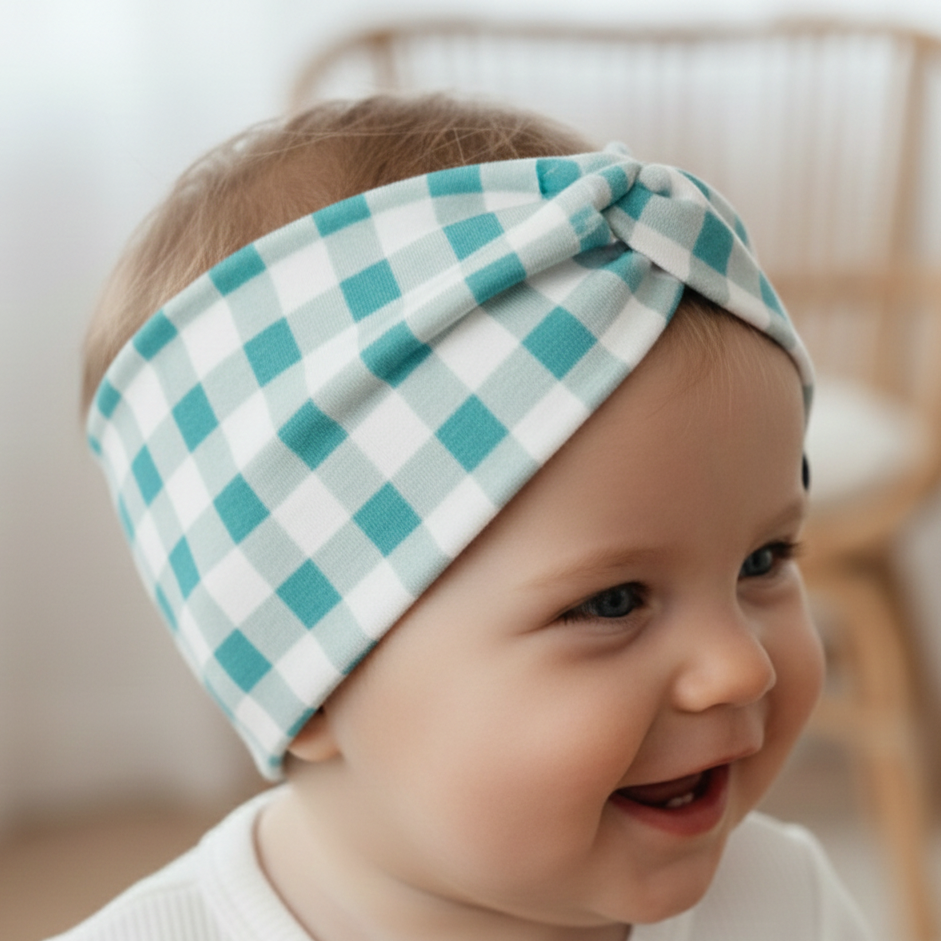 Faixinha de Cabelo Bebe Poliester Premium com Estampa Exclusiva Vichy Verde agua