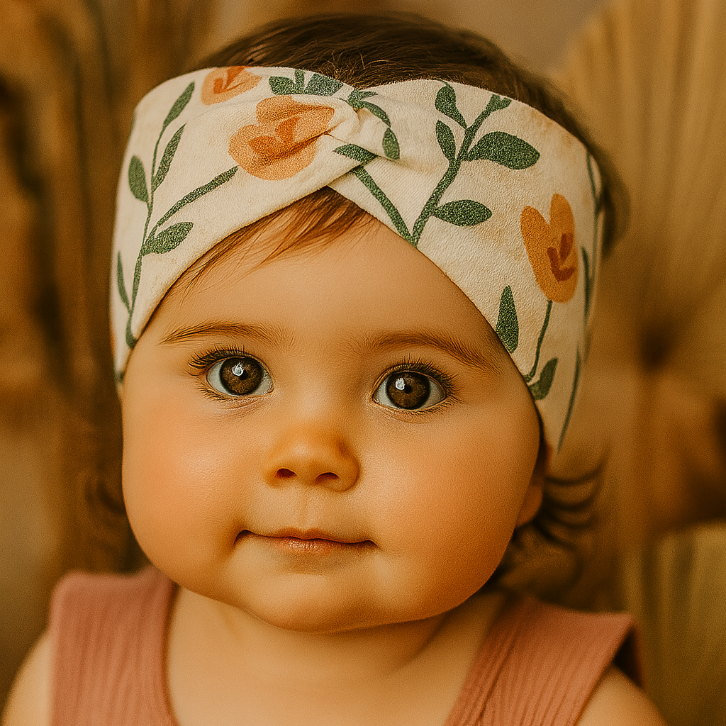 Faixinha de cabelo Bebê – Algodão Premium Estampa Exclusiva | Floral Vintage Tons de Verde