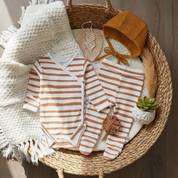 Kit: Body Kimono Recém-Nascido à 3 Meses + Calça de Pezinho Recém-Nascido à 3 Meses - Algodão Premium Estampa Exclusiva | Listras Amarelas
