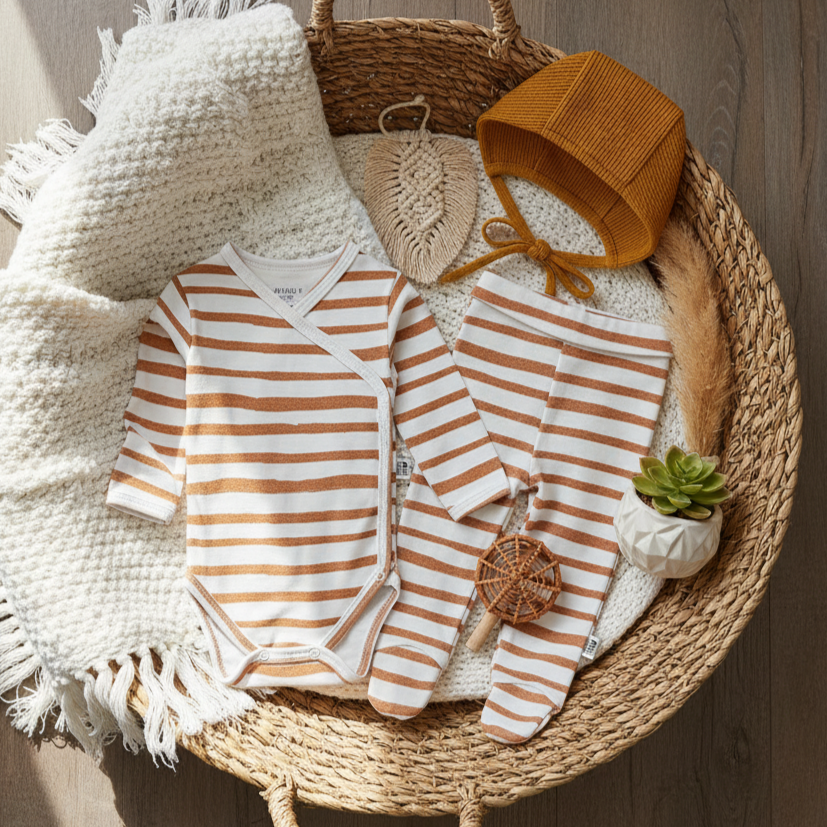 Kit: Body Kimono Recém-Nascido à 3 Meses + Calça de Pezinho Recém-Nascido à 3 Meses - Algodão Premium Estampa Exclusiva | Listras Amarelas