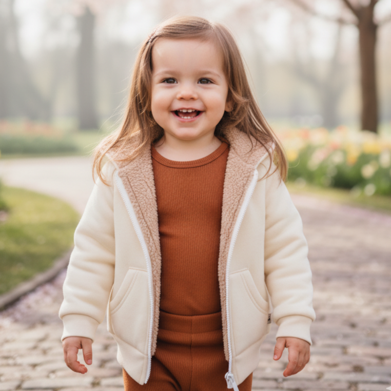 Jaqueta Bebê/Infantil Com Capuz e Forro Peluciado Grosso Areia Claro | Cor Externa Off White
