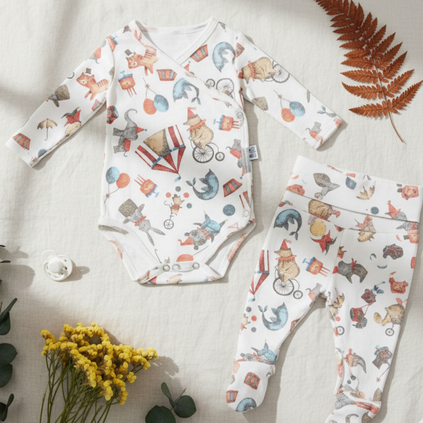 Kit: Body Kimono Recém-Nascido à 3 Meses + Calça de Pezinho Recém-Nascido à 3 Meses | Circo Vintage