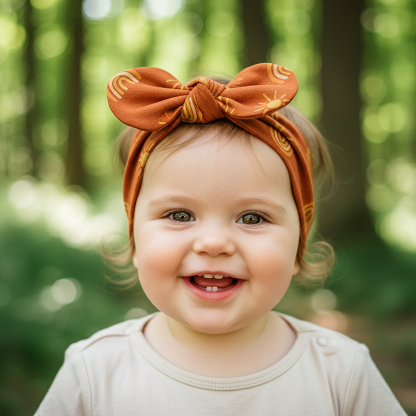 Laço de Cabelo Infantil Regulável – Algodão Stretch Estampa Exclusiva | Sol e Arco Iris Boho