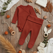 Kit: Body Kimono Recém-Nascido à 3 Meses + Calça de Pezinho Recém-Nascido à 3 Meses - Canelado Premium Liso | Telha