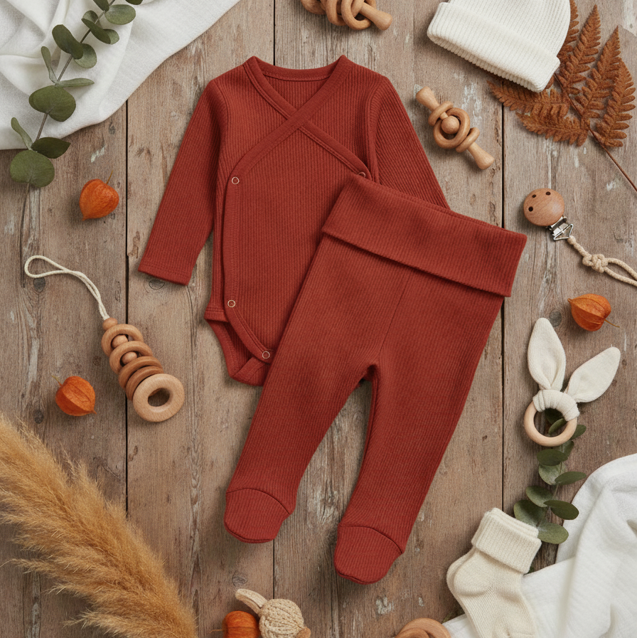 Kit: Body Kimono Recém-Nascido à 3 Meses + Calça de Pezinho Recém-Nascido à 3 Meses - Canelado Premium Liso | Telha