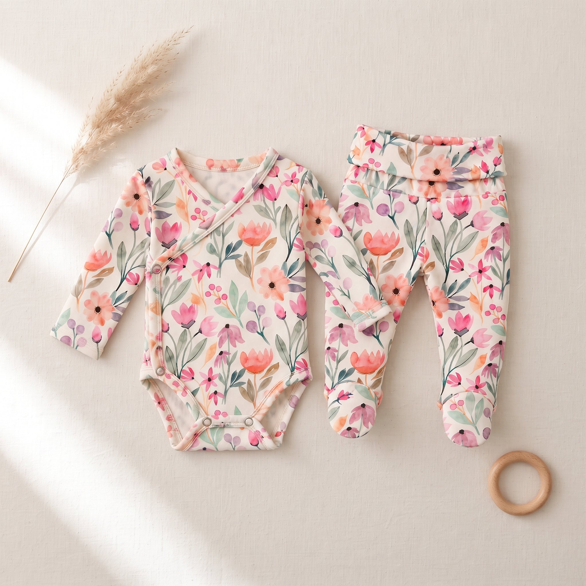 Conjunto Body Kimono + Calça com Pezinho – Recém-Nascido à 3 Meses | Cotton Adapt - Petit Fleur