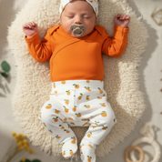 Kit: Body Kimono Recém-Nascido à 3 Meses | Laranja Vibrante + Calça de Pezinho Recém-Nascido à 3 Meses - Algodão Premium | Mini Laranjinhas Boho
