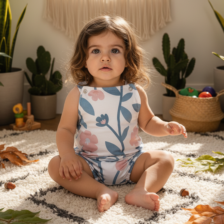 Salopete/Romper Bebê e Infantil Unissex –  Poliéster + Elastano Estampado | Floral Vintage Grande