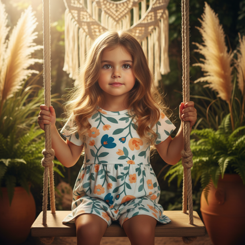 Body Vestido Menina - Algodão Premium Estampa Exclusiva - Floral Vintage Tons de Verde