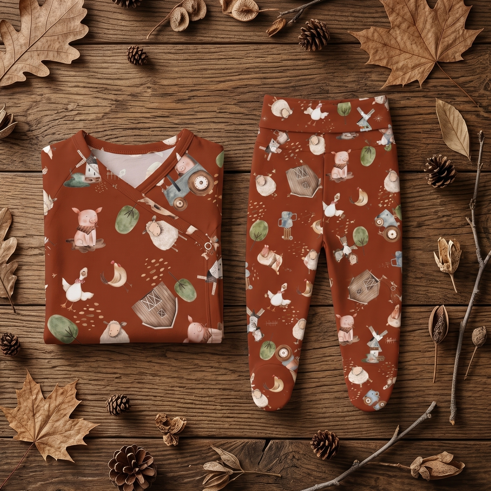 Kit Body Kimono + Calça com Pezinho Recém-Nascido a 3 Meses - Cotton Adapt | Fazendinha Encantada