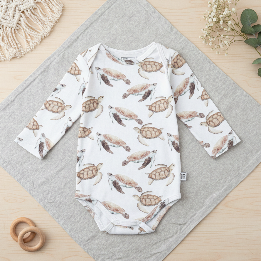 Body Bebê/Infantil Manga Longa Unissex - Algodão Premium Estampa Exclusiva | Tartarugas Aquareladas
