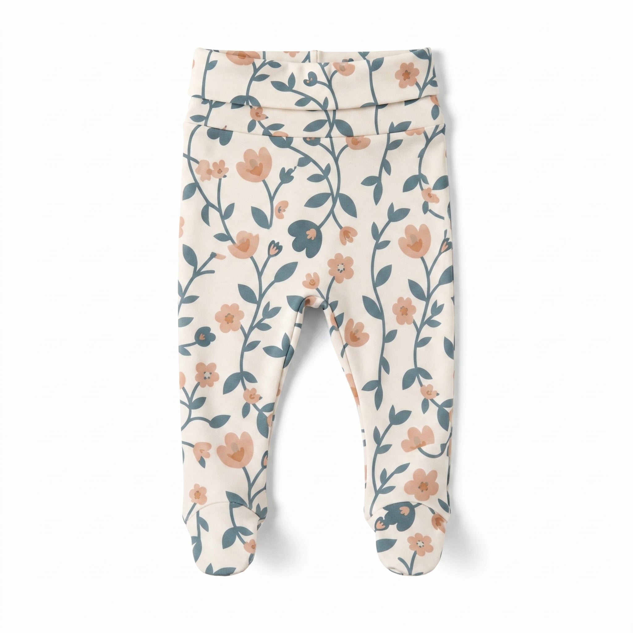 Calça Recém-Nascido à 3 meses com Pezinho – Cotton Adapt | Floral Vintage Tons de Azul