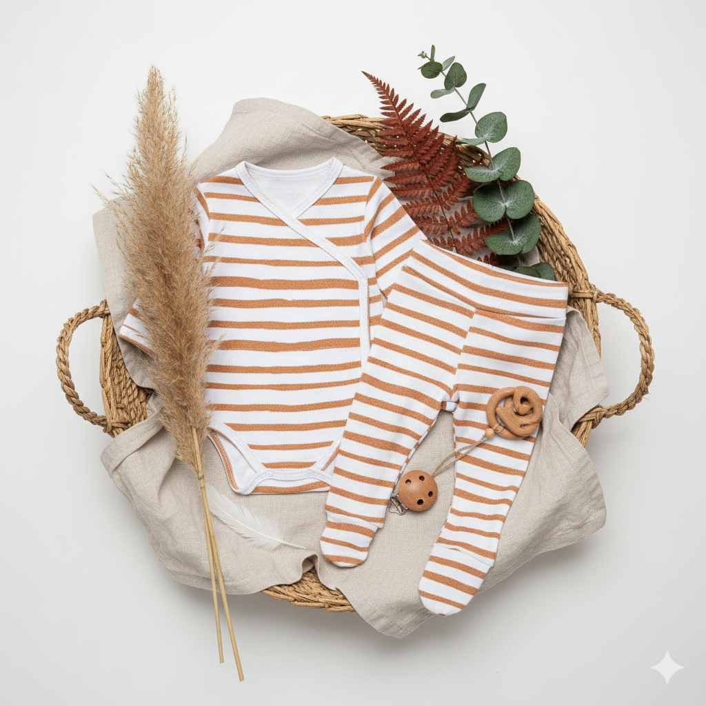 Kit: Body Kimono Recém-Nascido à 3 Meses + Calça de Pezinho Recém-Nascido à 3 Meses - Algodão Premium Estampa Exclusiva | Listras Amarelas